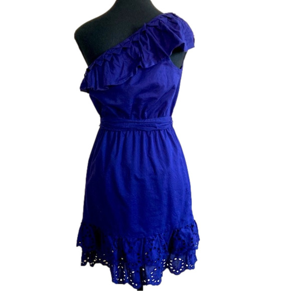 Nine West purple cotton one-shoulder neckline ruffle detail dress. Size 4 - Picture 1 of 9